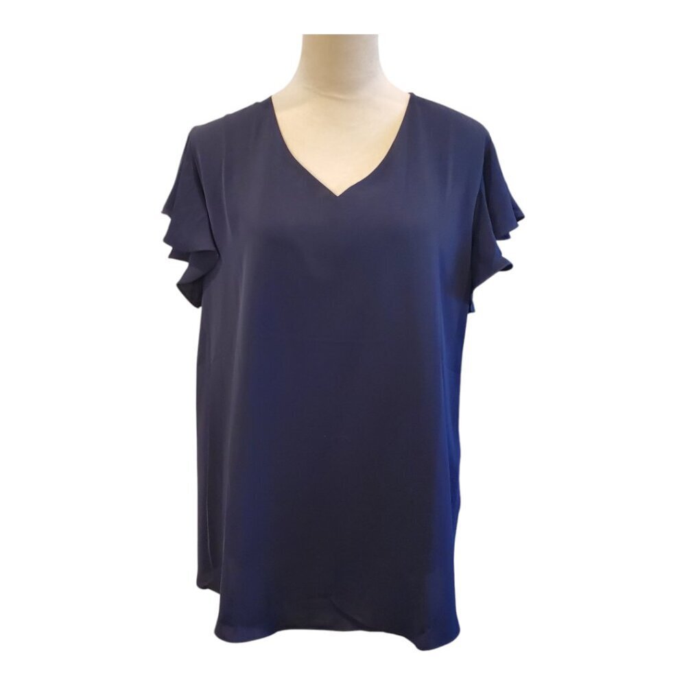 NEW  TAOHUADAO SZ L Navy Blue Short Flutter-sleeve V-neck blouse top